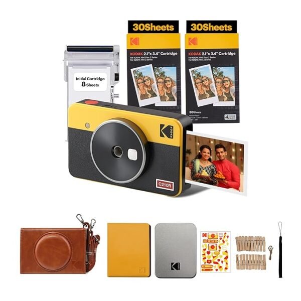 KODAK Mini Shot 2 Retro 4PASS 2-in-1 Instant Camera and Photo Printer (2.1x3.4 inches) + 68 Sheets Gift Bundle,Yellow